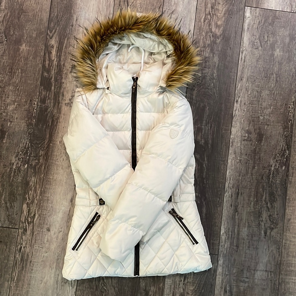 Larry Levine white and brown down coat XS